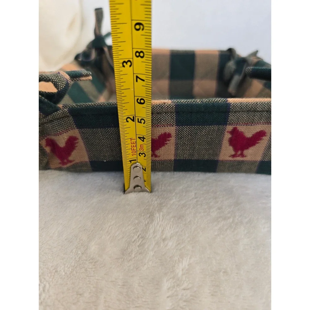 Farmhouse Quilted Fabric Bread Basket Buffalo Check Red Rooster Tie Corner
